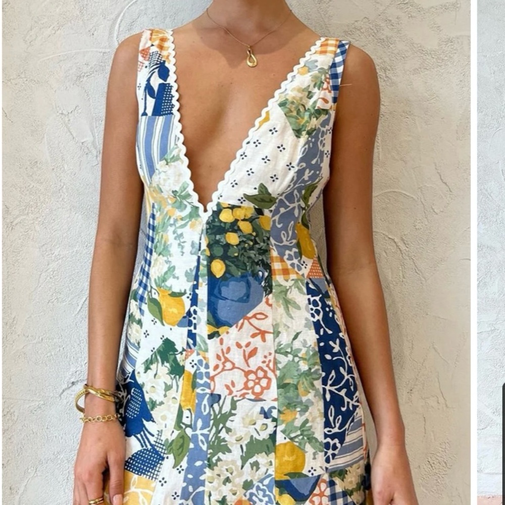 Commense Resort Wear Blue and Yellow Plunge Sundress